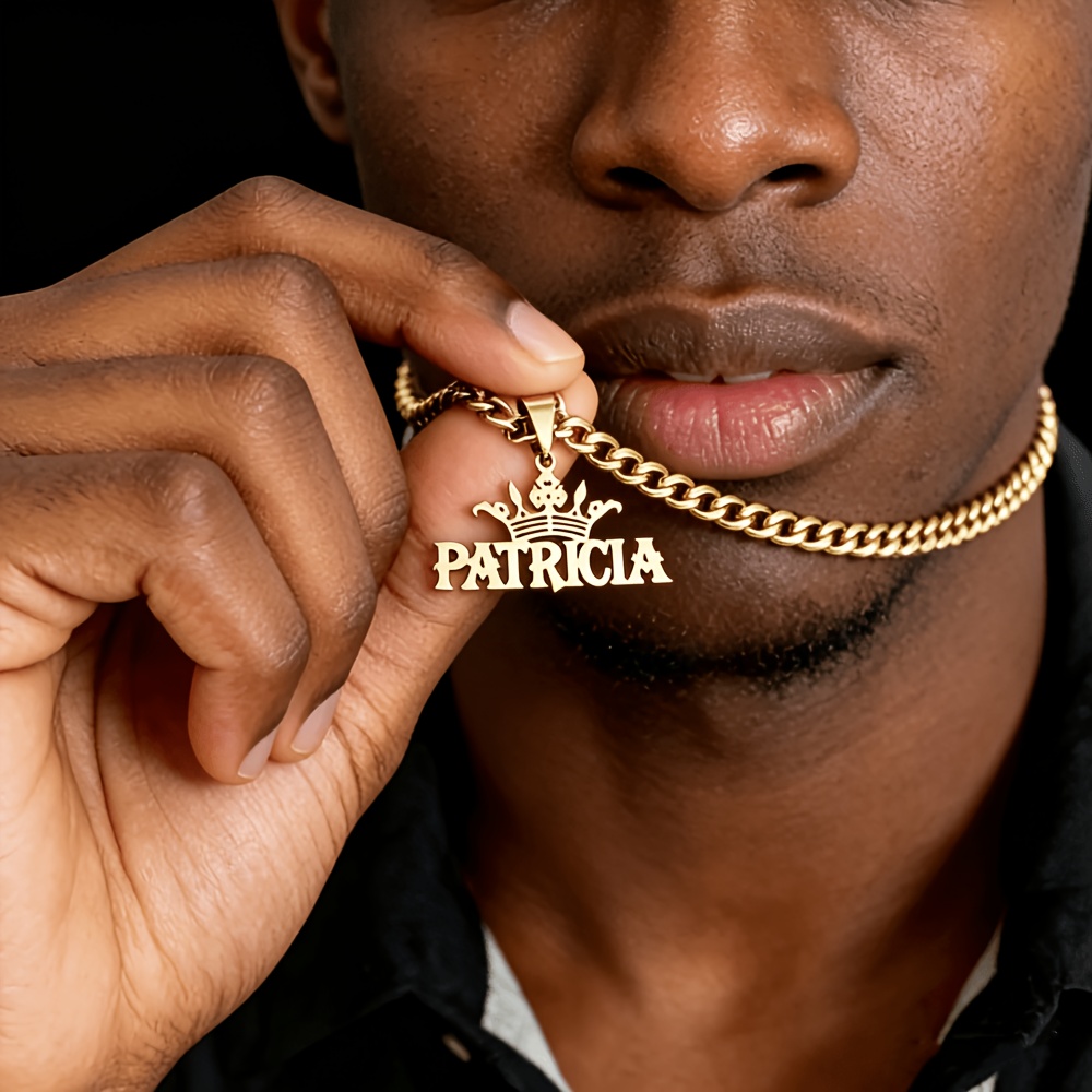 Customized Cuban Chain Name Necklace, Large Crown Pendant